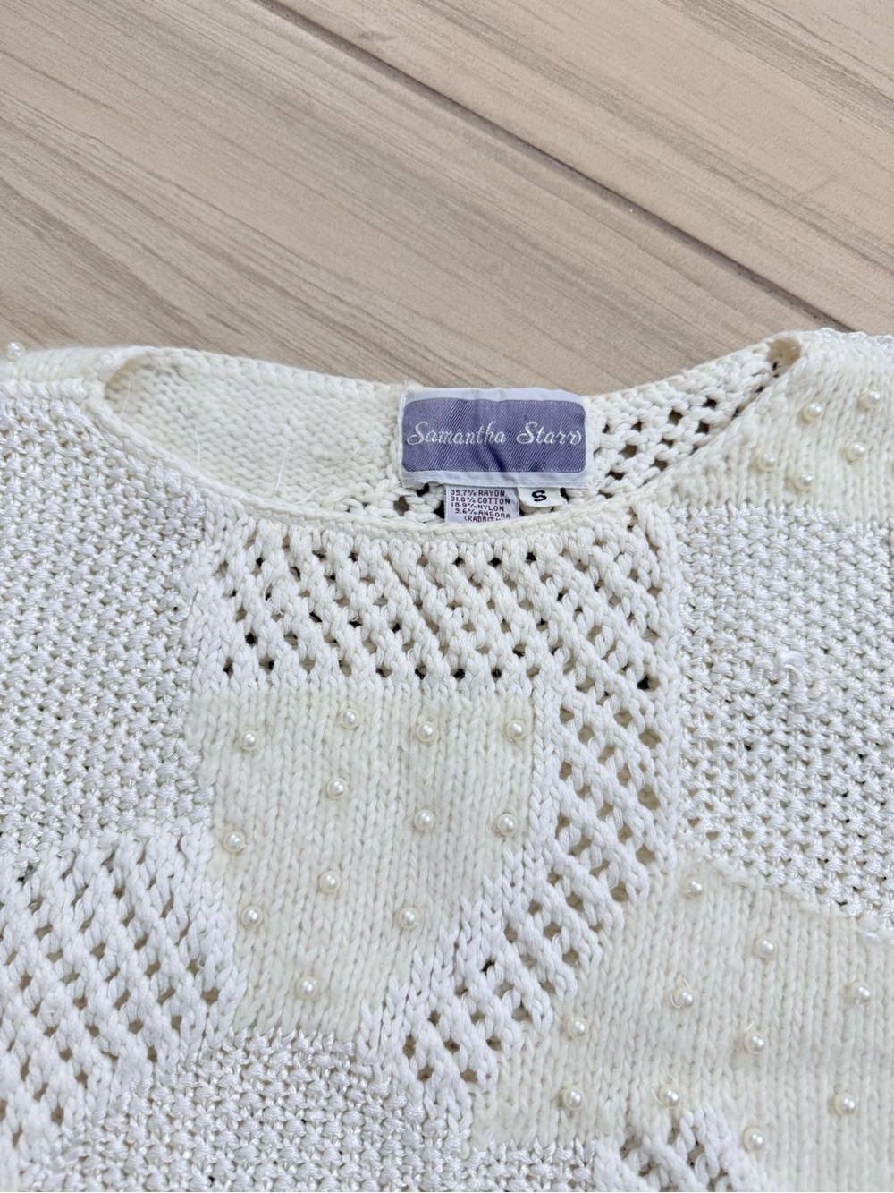 Samantha Starr Cream Patchwork Knit Blouse Sleeveless Geometric Popcorn Stitch S - Picture 3 of 6